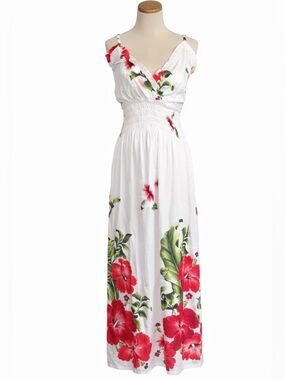 [Coco Beach Hawaii] White Red Floral Maxi Dress Small Resort Tropical